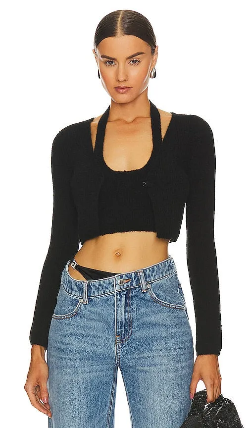 Alexander Wang Twinset Long Sleeve Halter Cardigan in Black