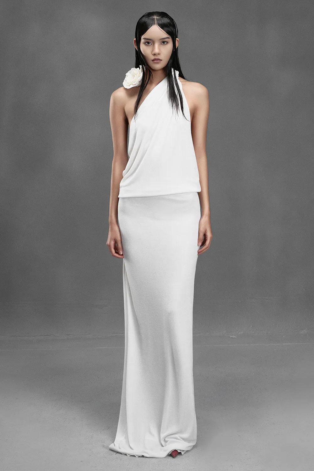 Anchovy Blouson One Shoulder Spandex Floor Length Dress