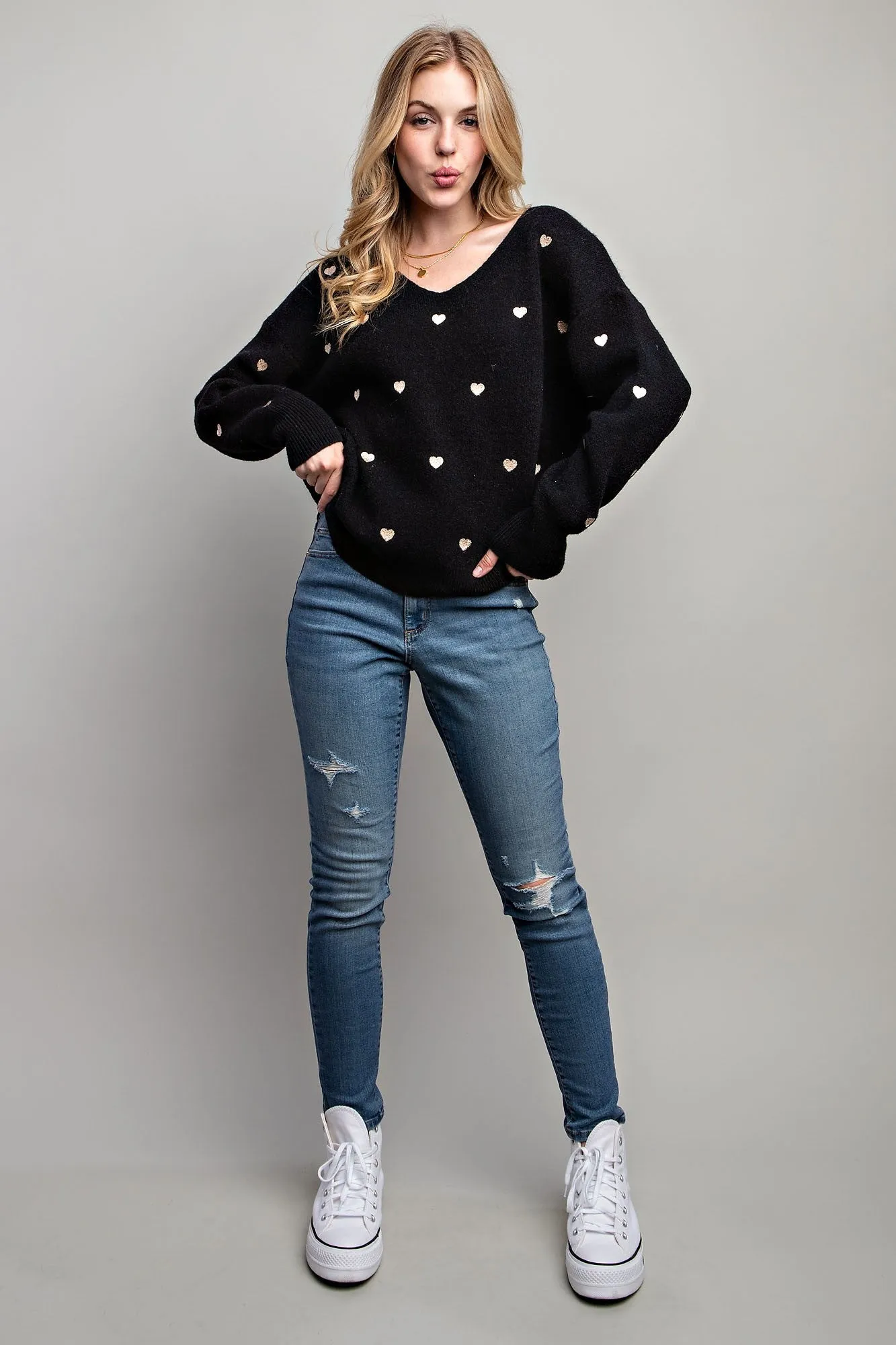 Bianca | Heart Pullover Boxy Knit Sweater | Black
