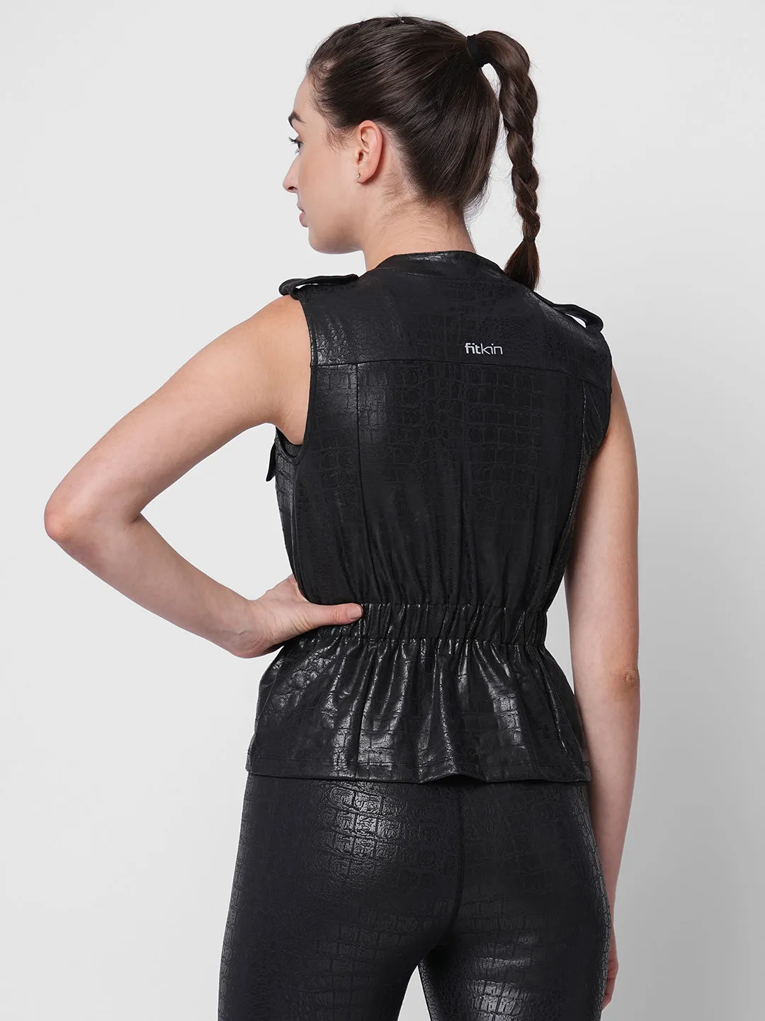 Black Luxe print sporty sleeveless peplum jacket