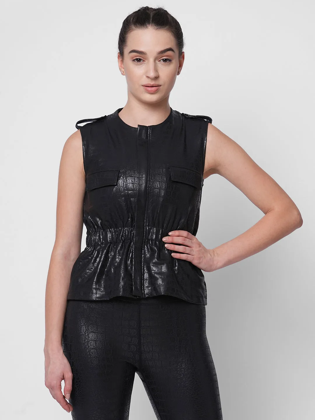 Black Luxe print sporty sleeveless peplum jacket