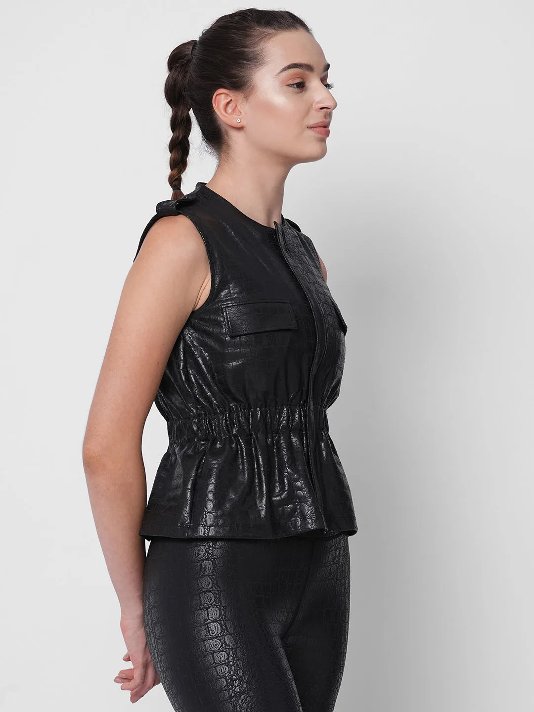 Black Luxe print sporty sleeveless peplum jacket
