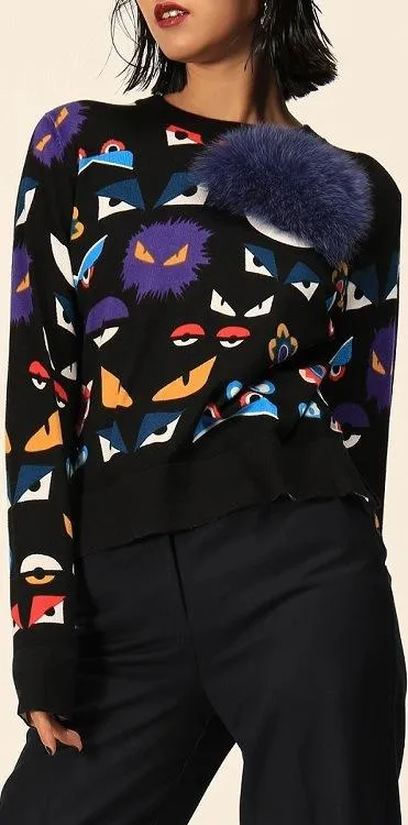 Bug Eyes Print Knit Sweater with Fur Patch