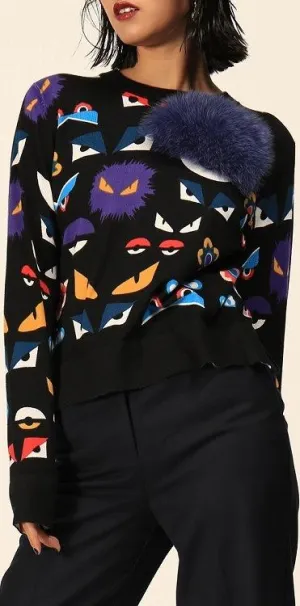 Bug Eyes Print Knit Sweater with Fur Patch