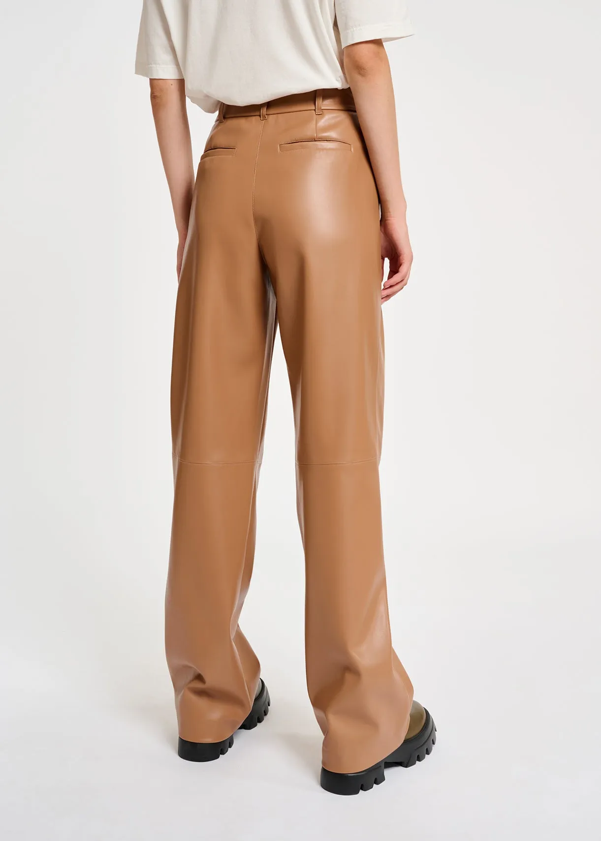 Camel leather straight-leg pants