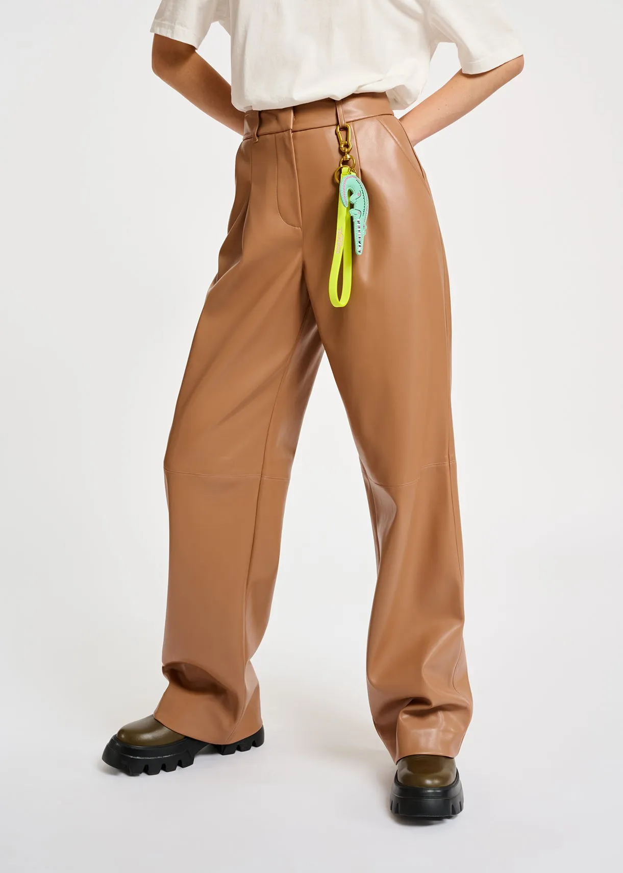 Camel leather straight-leg pants