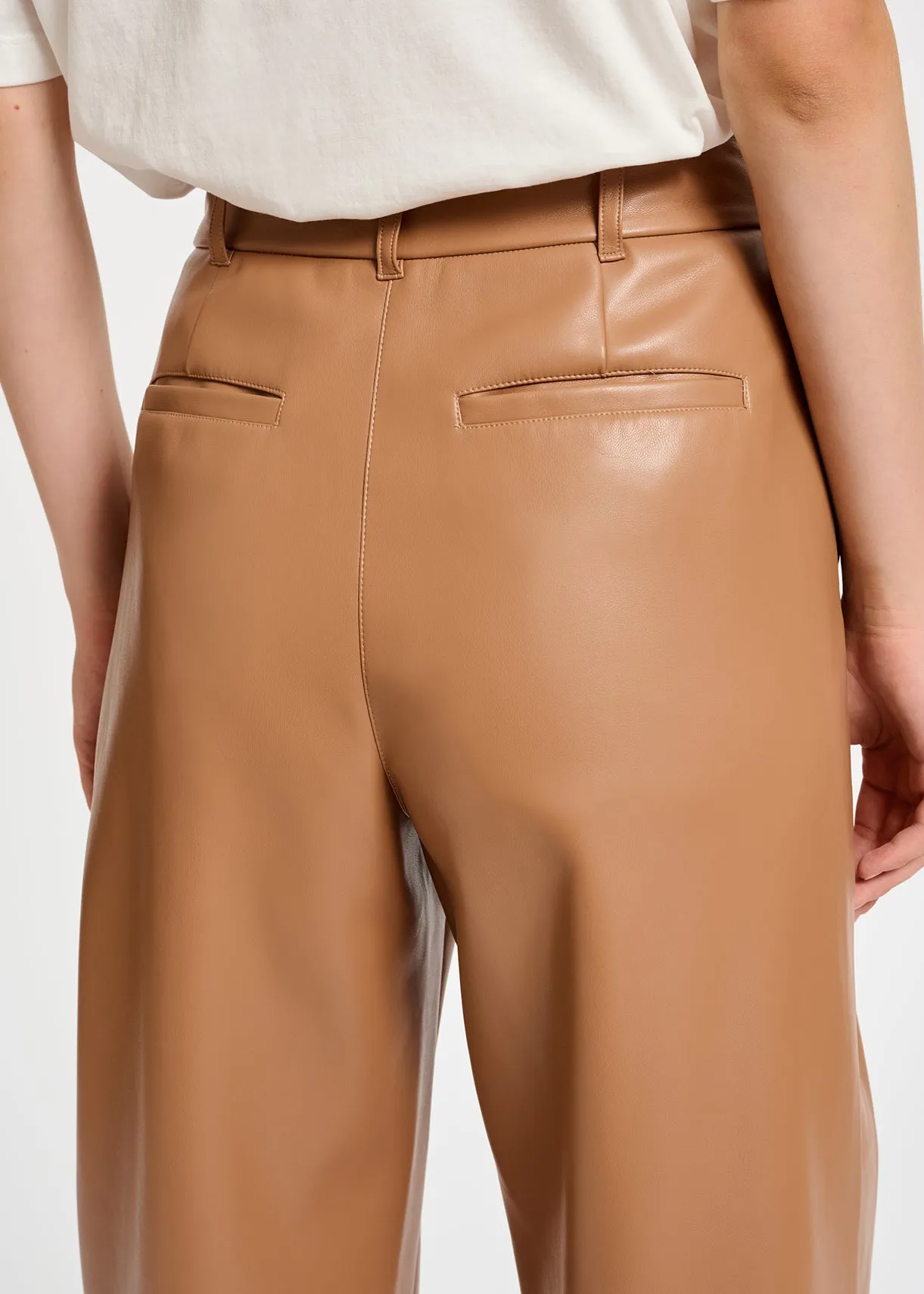 Camel leather straight-leg pants