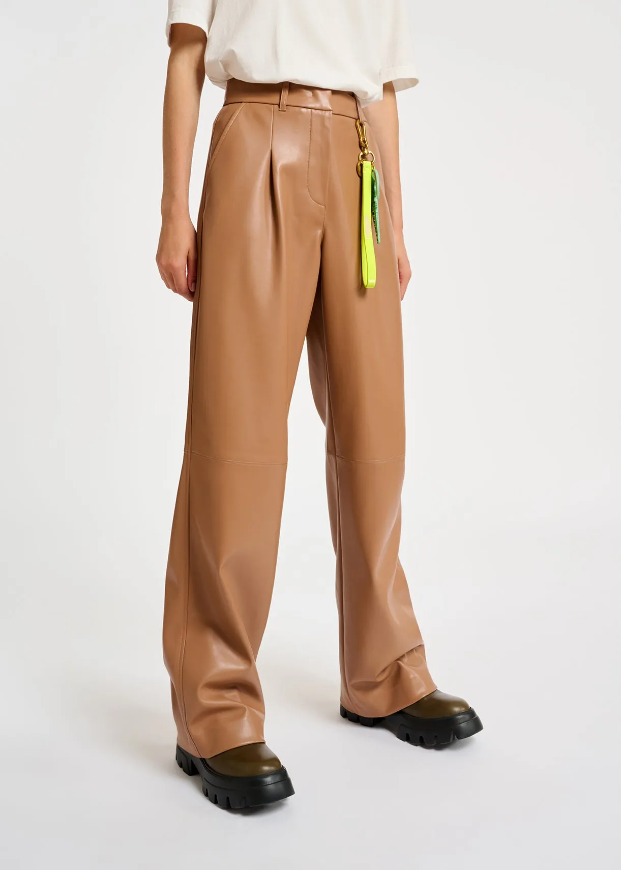 Camel leather straight-leg pants