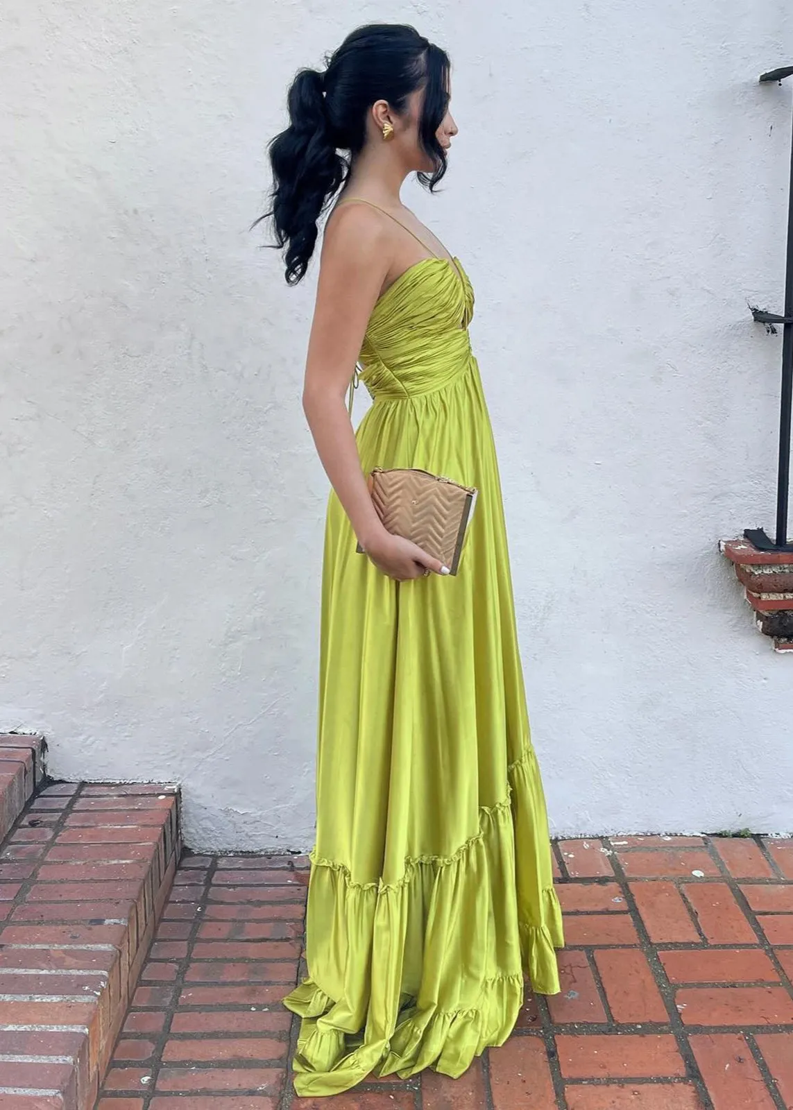 Carnation | Criss-cross Chartreuse Ruched A-line Halter Sleeveless Long Prom Dress