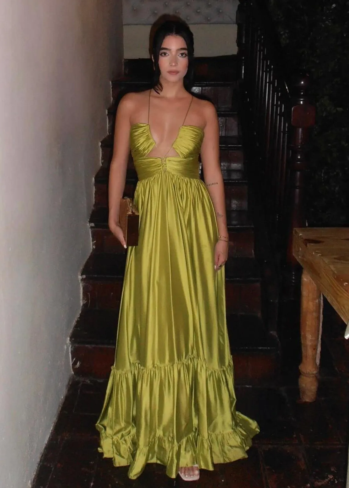 Carnation | Criss-cross Chartreuse Ruched A-line Halter Sleeveless Long Prom Dress