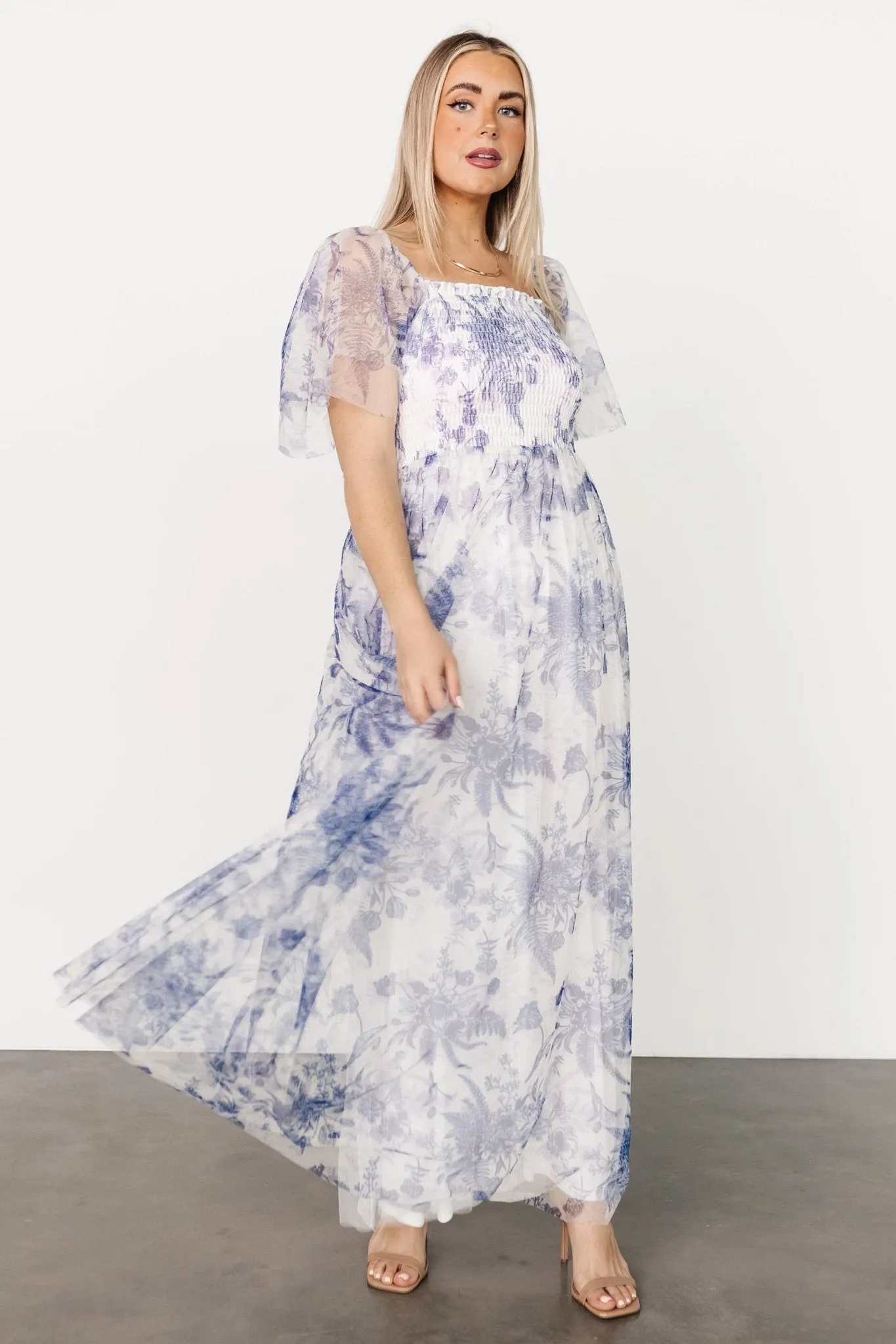 Cassandra Tulle Maxi Dress | Blue   White Floral