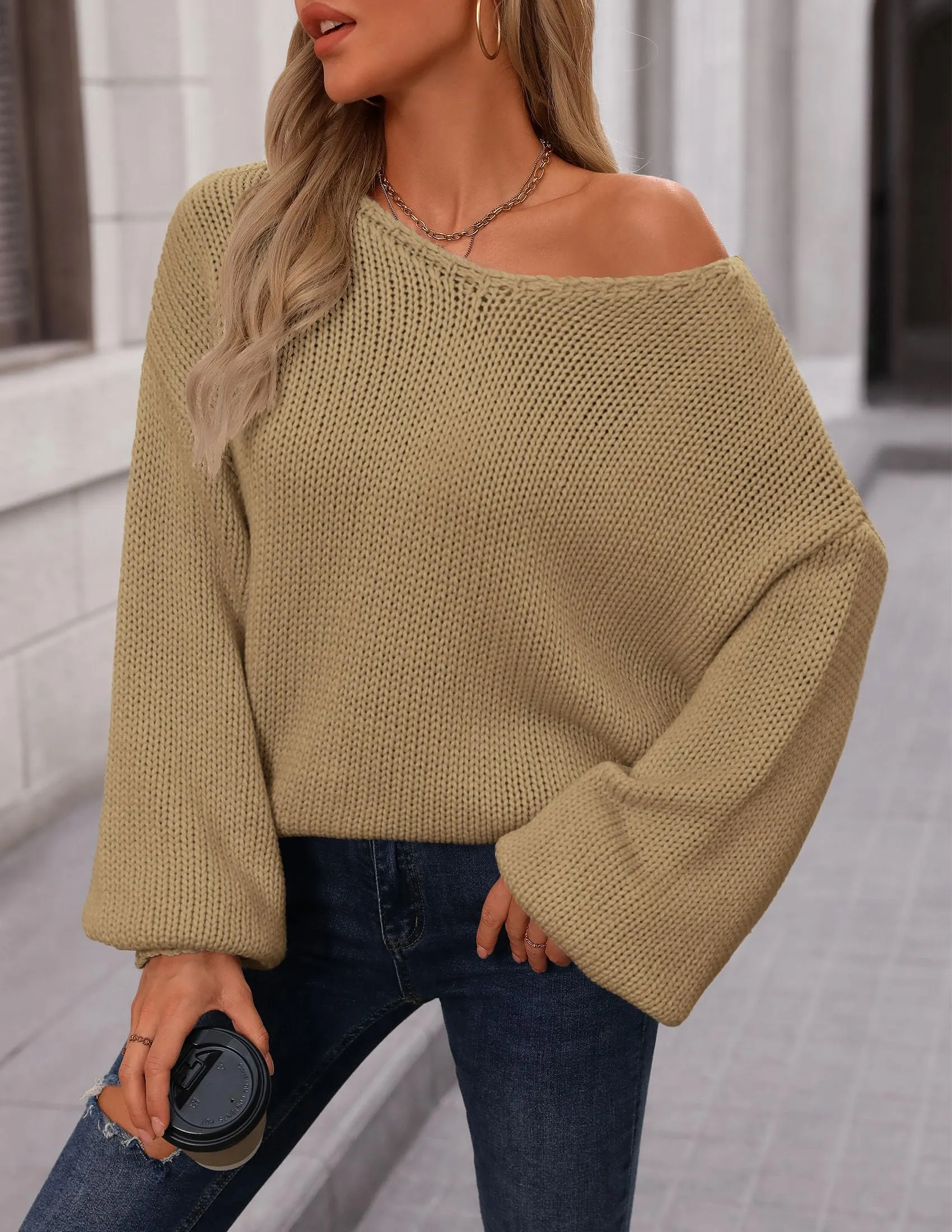 Chunky Loose Long Sleeve V Neck Oversized Casual Knit Pullover Sweaters