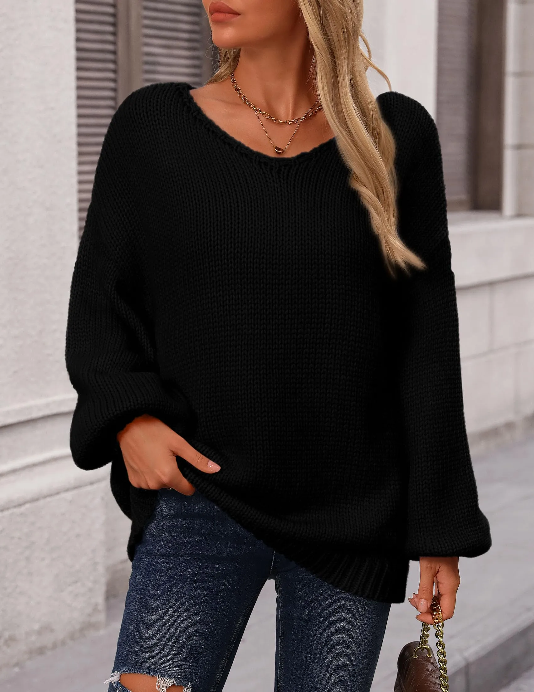 Chunky Loose Long Sleeve V Neck Oversized Casual Knit Pullover Sweaters