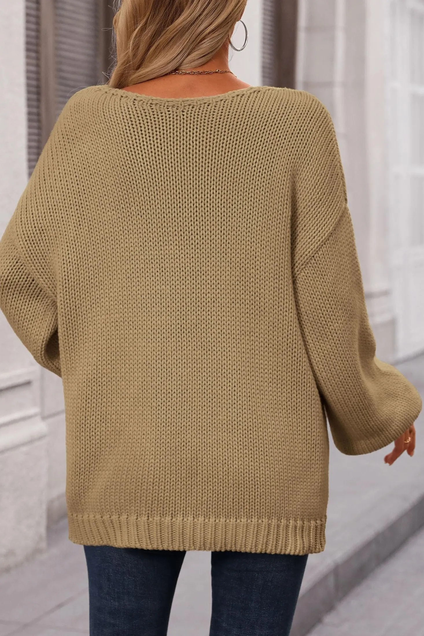 Chunky Loose Long Sleeve V Neck Oversized Casual Knit Pullover Sweaters