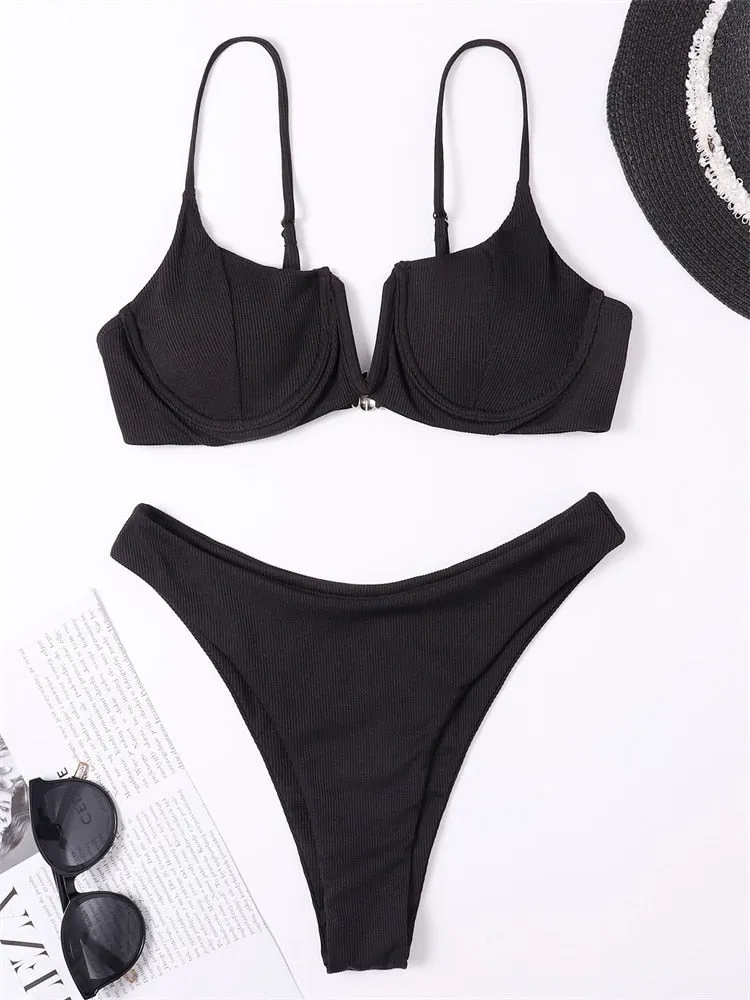 Elle Solid Gerippter Push-up-Bikini mit V-Ausschnitt 
