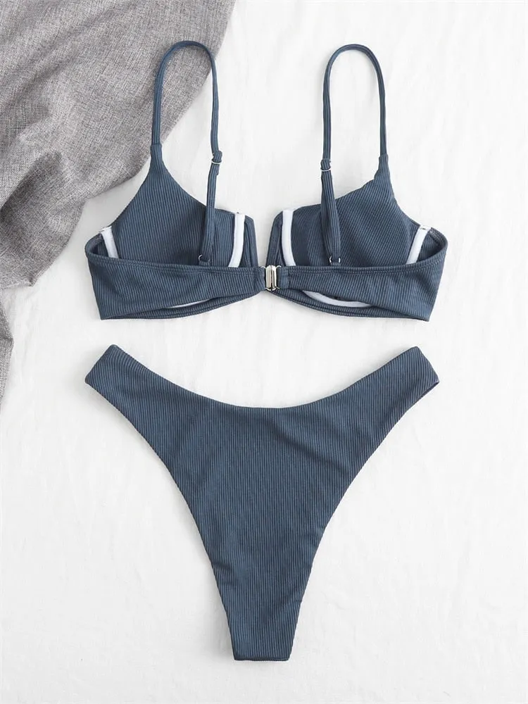Elle Solid Gerippter Push-up-Bikini mit V-Ausschnitt 