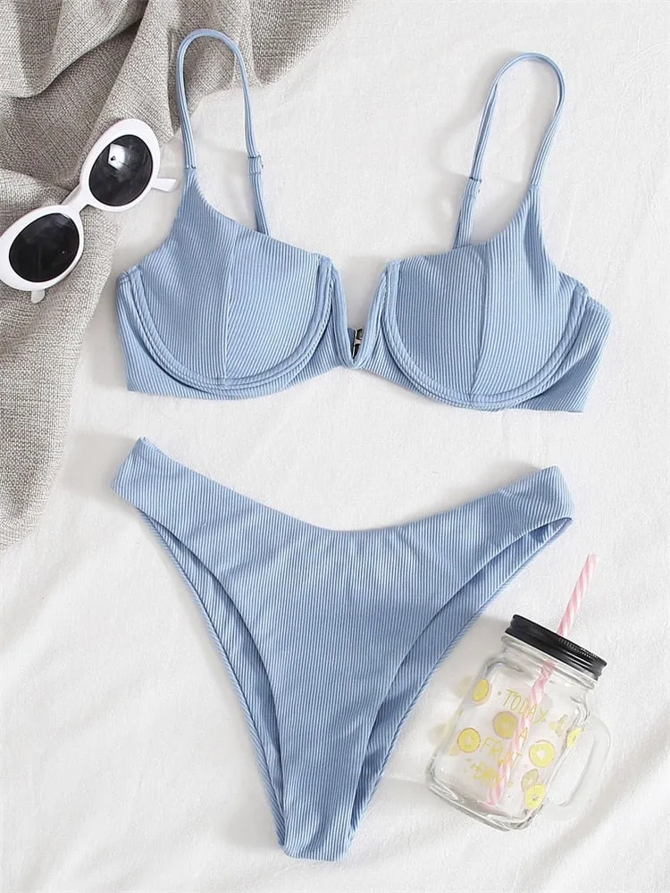 Elle Solid Gerippter Push-up-Bikini mit V-Ausschnitt 