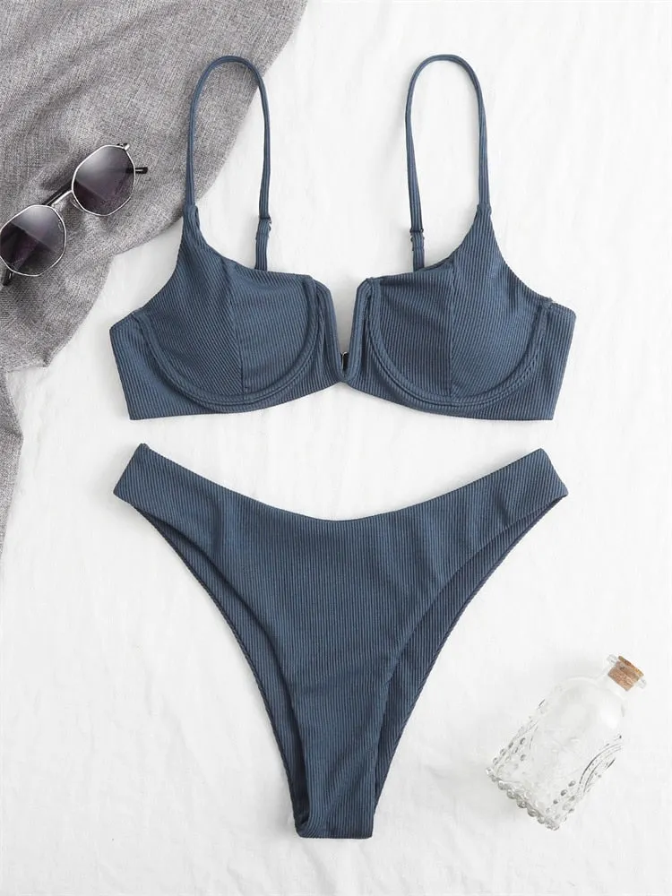 Elle Solid Gerippter Push-up-Bikini mit V-Ausschnitt 