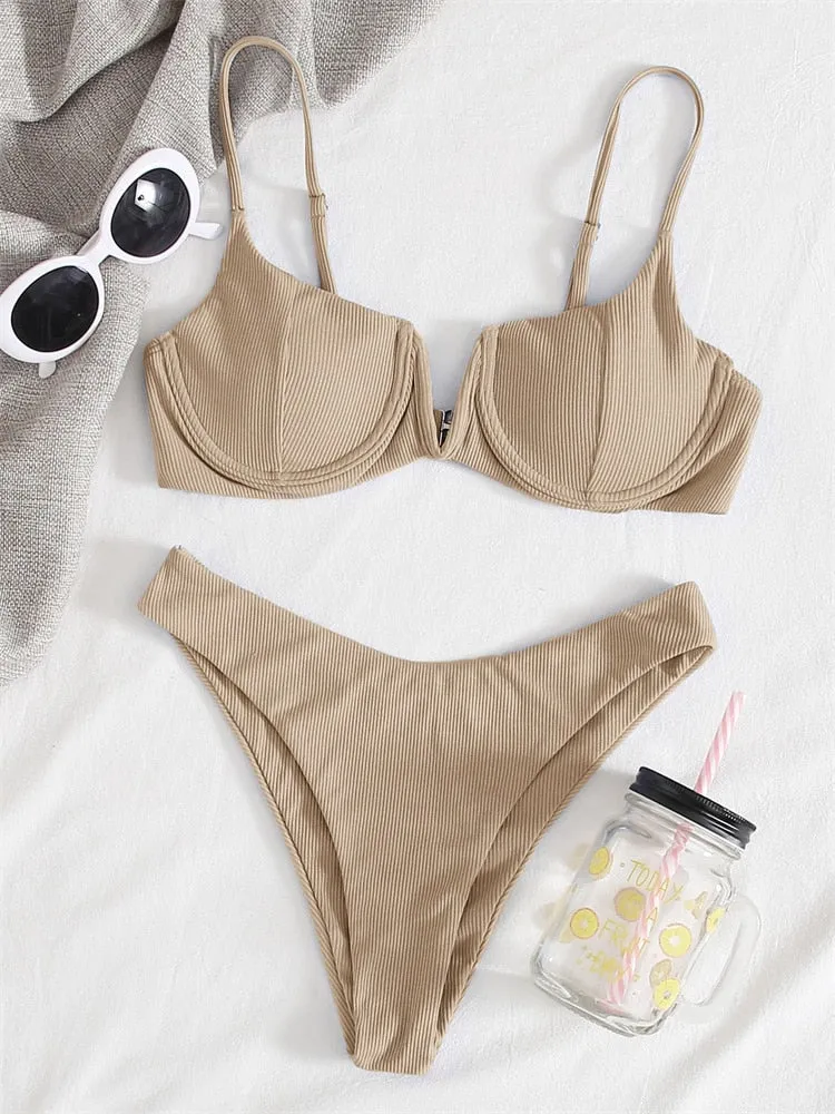 Elle Solid Gerippter Push-up-Bikini mit V-Ausschnitt 