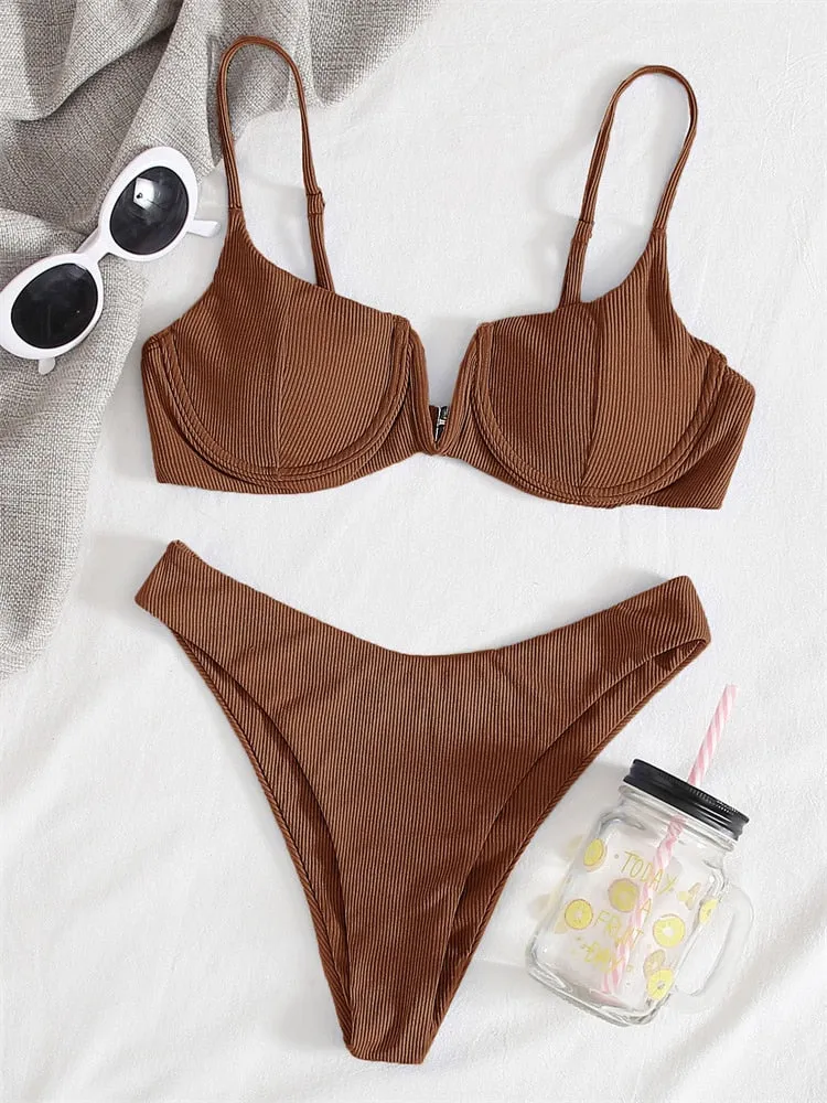 Elle Solid Gerippter Push-up-Bikini mit V-Ausschnitt 
