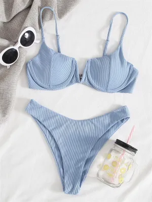 Elle Solid Gerippter Push-up-Bikini mit V-Ausschnitt 