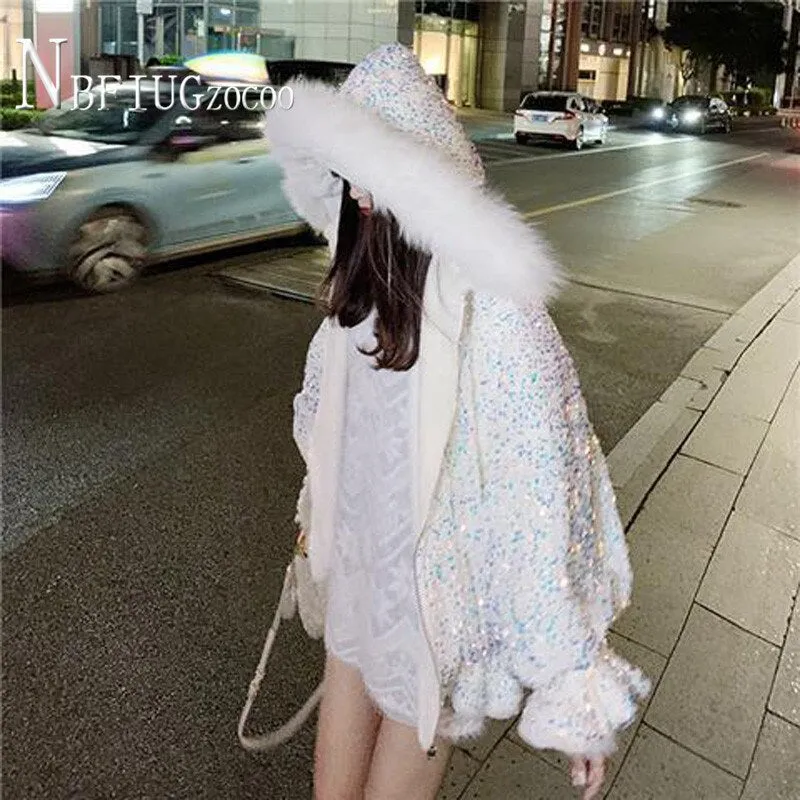 Faux Fur Collar Sequin Women Coat Winter Lining with Fluff Fashion Female Parkas Jacket festival coat