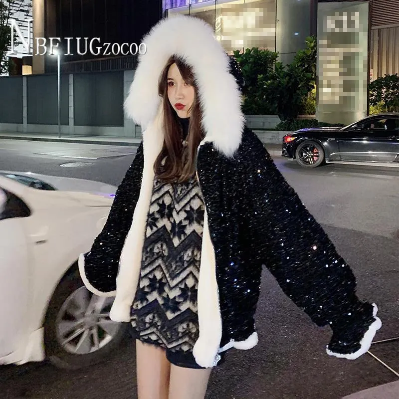 Faux Fur Collar Sequin Women Coat Winter Lining with Fluff Fashion Female Parkas Jacket festival coat