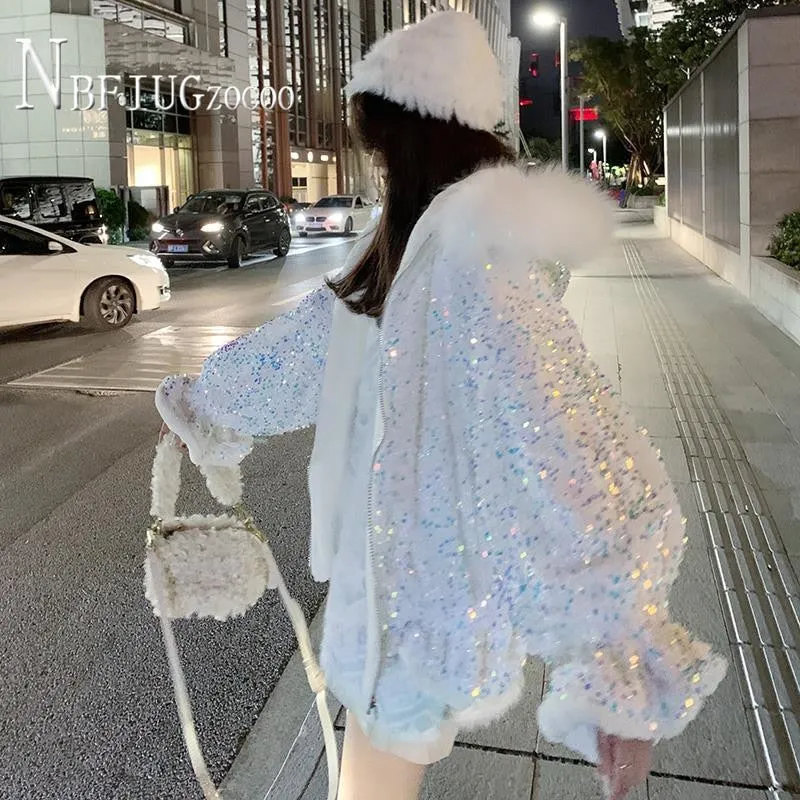 Faux Fur Collar Sequin Women Coat Winter Lining with Fluff Fashion Female Parkas Jacket festival coat