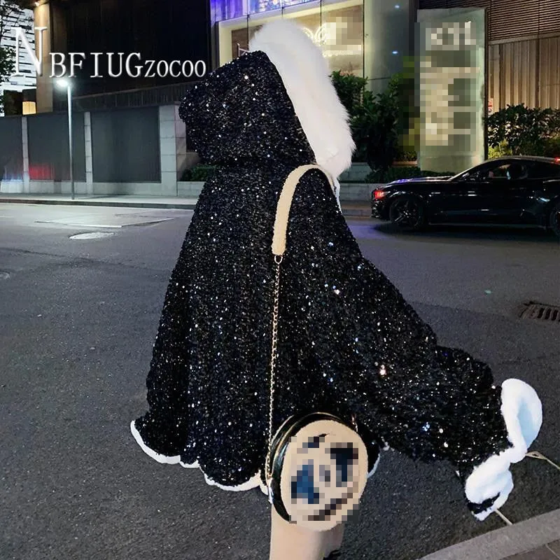 Faux Fur Collar Sequin Women Coat Winter Lining with Fluff Fashion Female Parkas Jacket festival coat