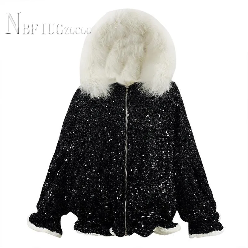 Faux Fur Collar Sequin Women Coat Winter Lining with Fluff Fashion Female Parkas Jacket festival coat