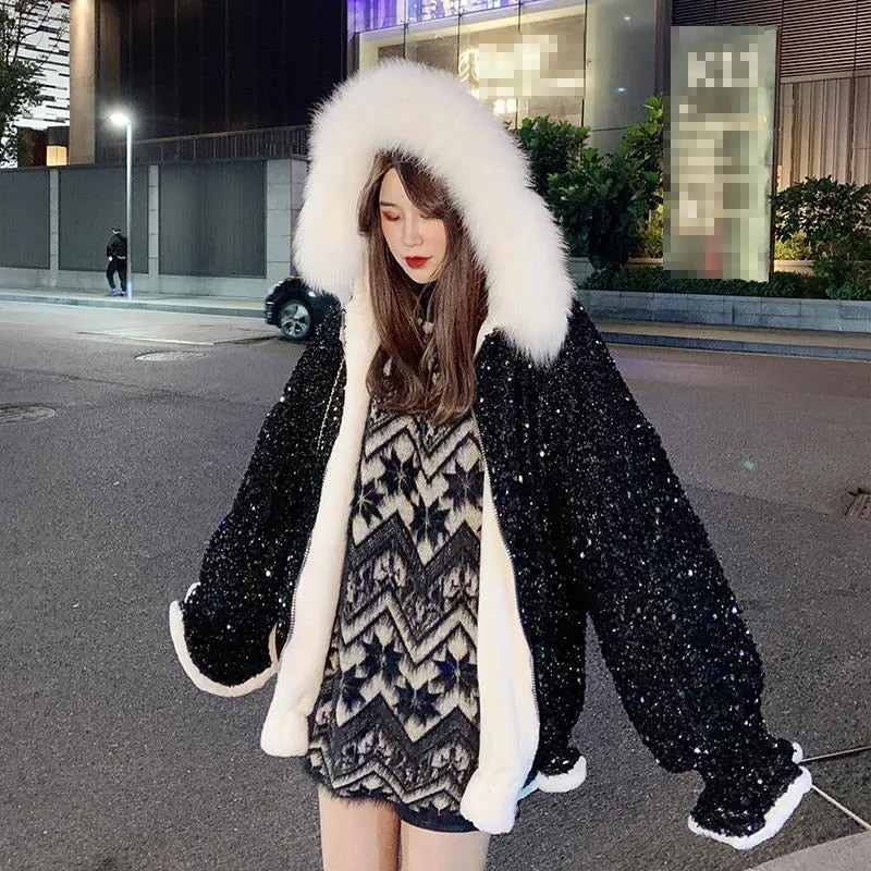 Faux Fur Collar Sequin Women Coat Winter Lining with Fluff Fashion Female Parkas Jacket festival coat