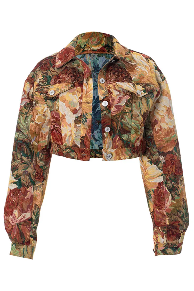 Floral Print Lapel Long Sleeve Button Crop Jacket