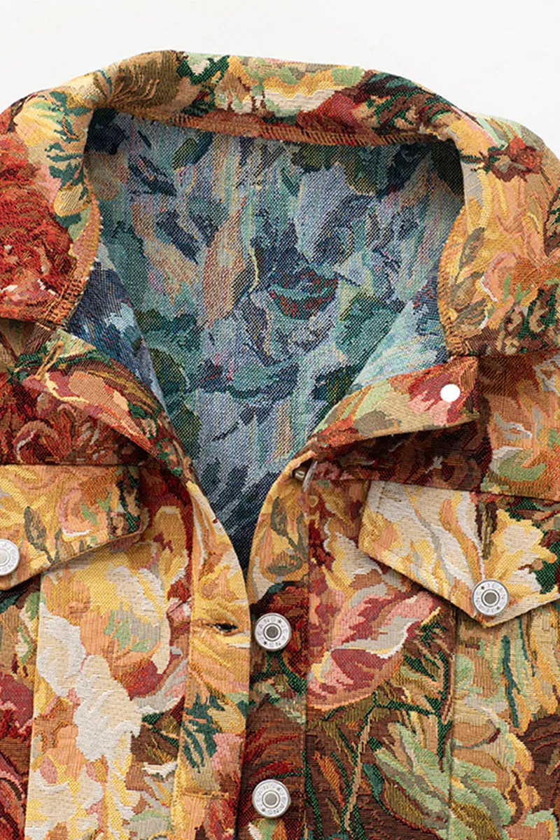 Floral Print Lapel Long Sleeve Button Crop Jacket