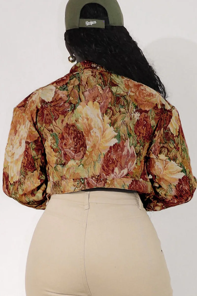 Floral Print Lapel Long Sleeve Button Crop Jacket