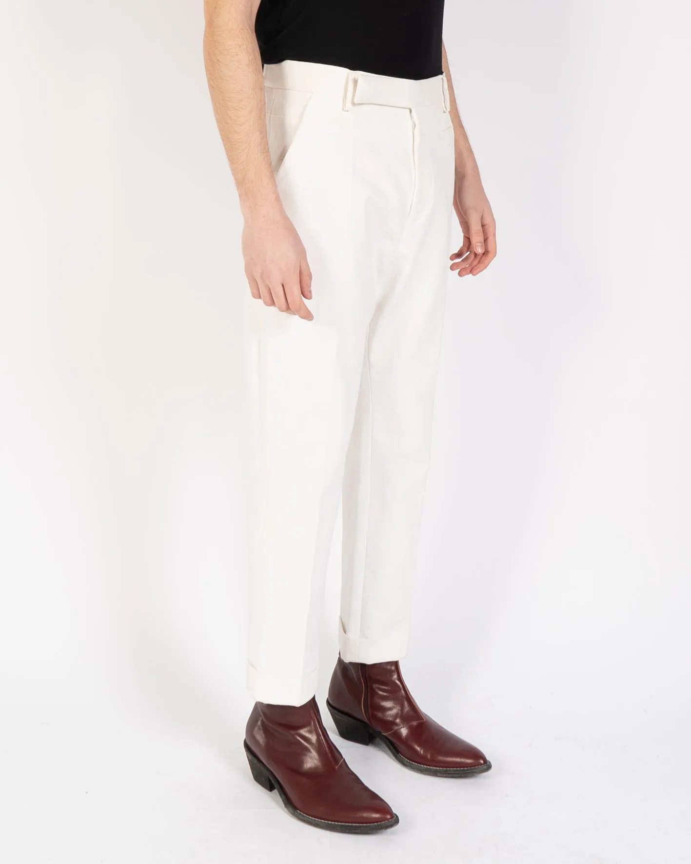 FW19 White Cotton Trousers with Chevron Waistband