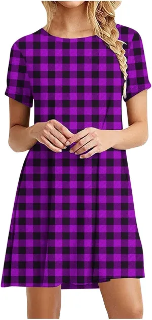 Going Out Dresses for Women 2025 Summer Short Sleeve Crew Neck Mini Dress Vintage Gingham Print Casual Beach Dress