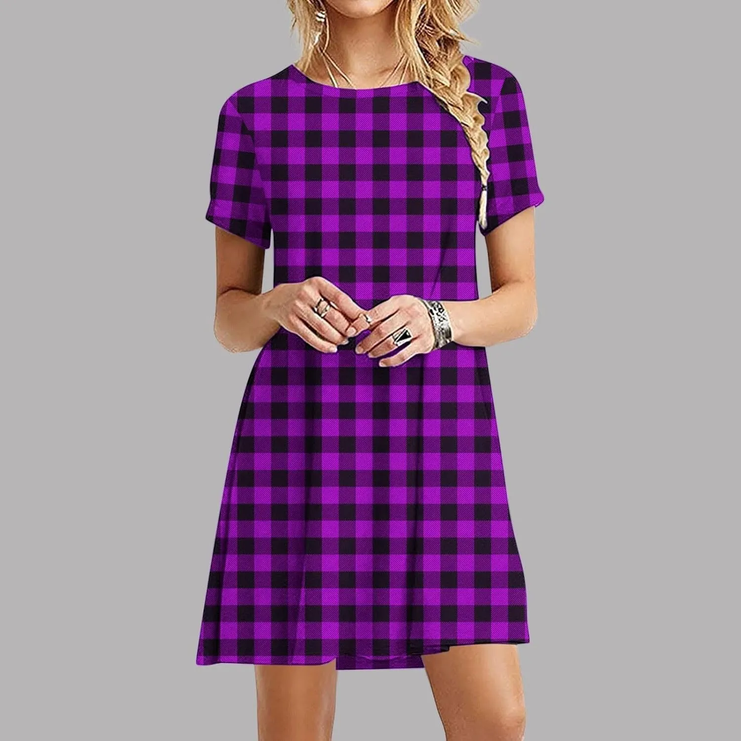 Going Out Dresses for Women 2025 Summer Short Sleeve Crew Neck Mini Dress Vintage Gingham Print Casual Beach Dress