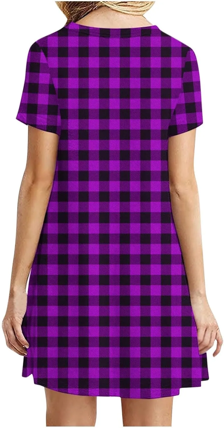 Going Out Dresses for Women 2025 Summer Short Sleeve Crew Neck Mini Dress Vintage Gingham Print Casual Beach Dress