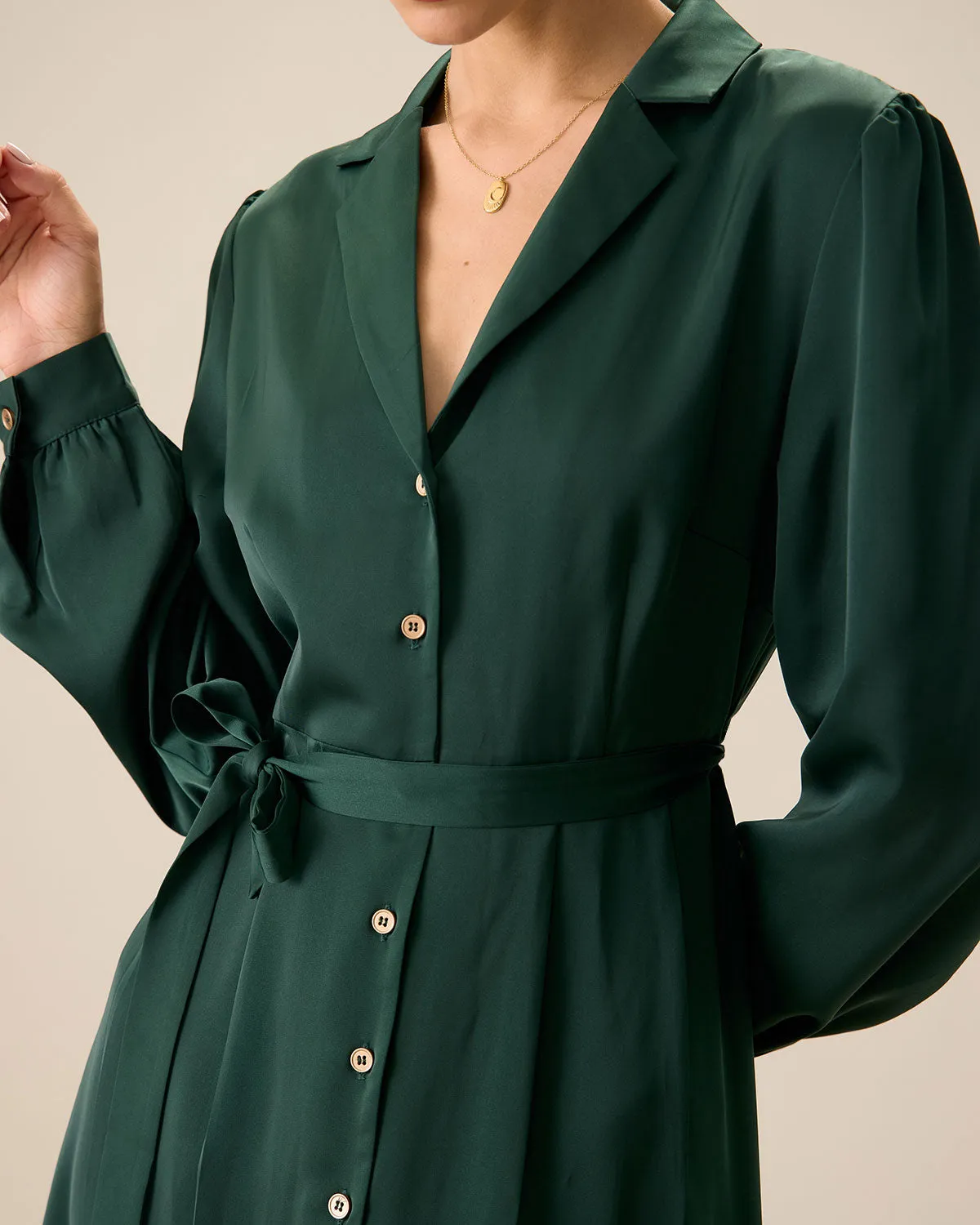 Green Satin Button Midi Dress