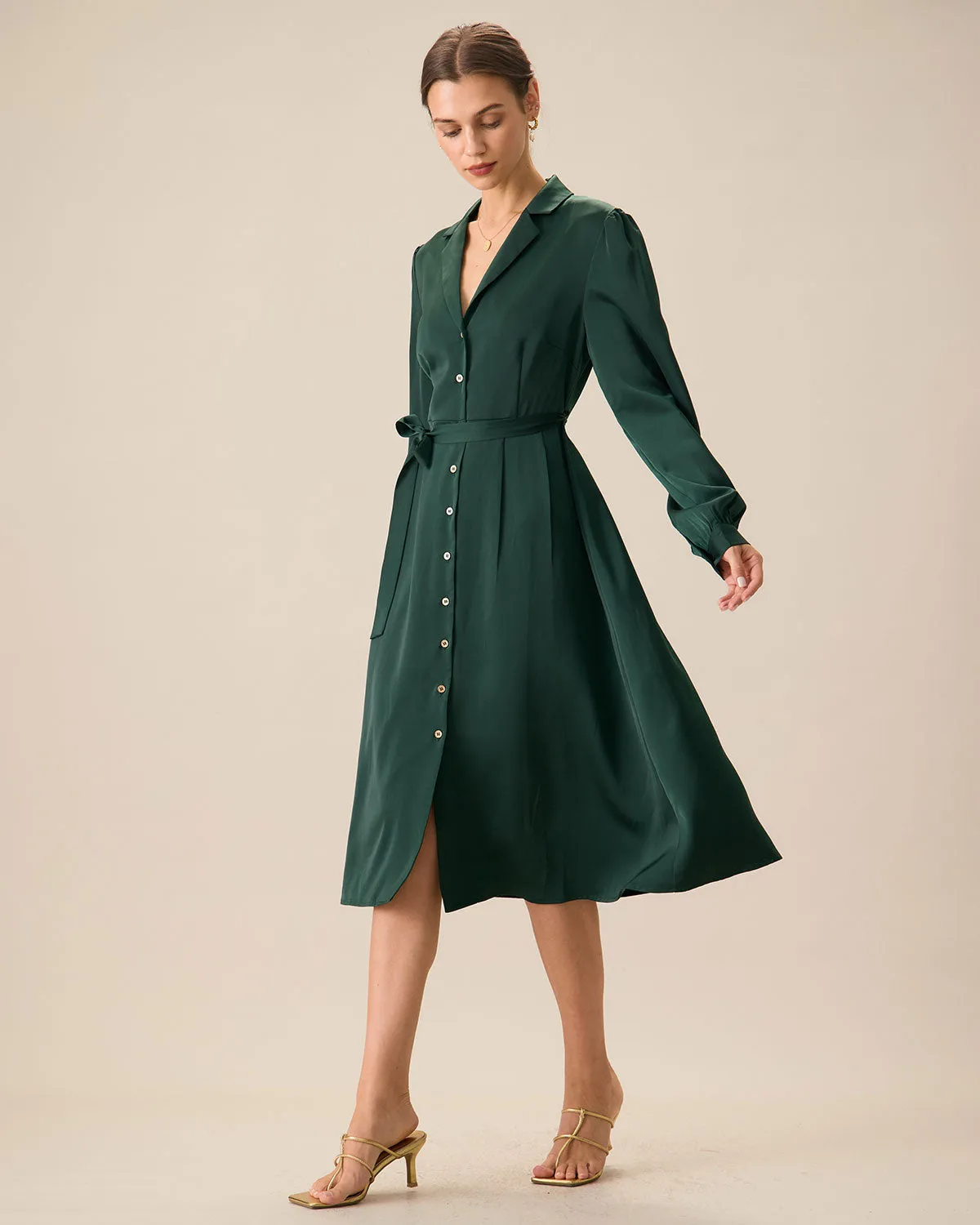 Green Satin Button Midi Dress