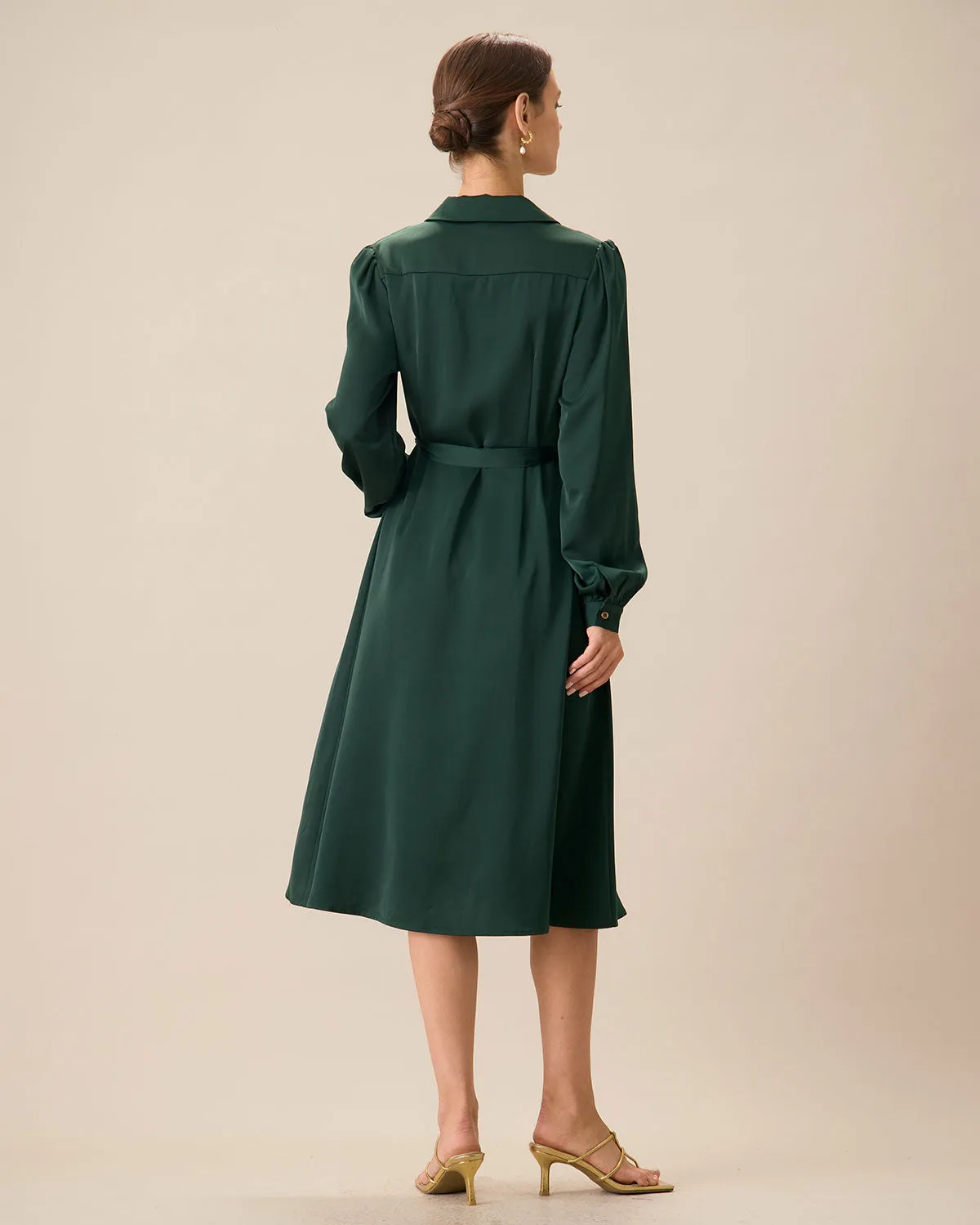 Green Satin Button Midi Dress