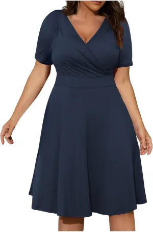 hlysgo Plus Size Dresses for Women Casual Slim Fit Wrap V Neck Short Sleeve Mini Dress Ladies A-Line Flowy Knee Length Dress