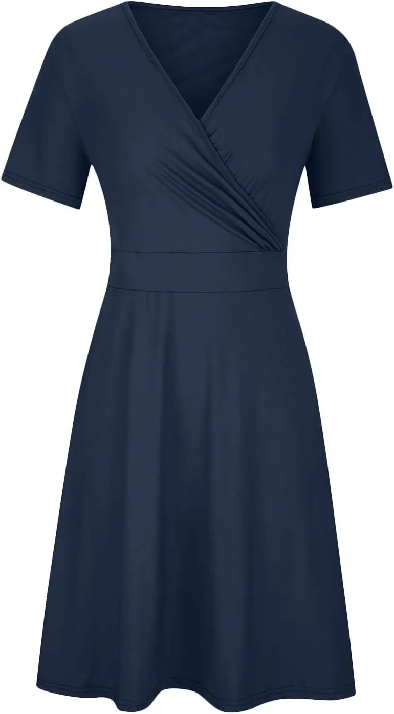 hlysgo Plus Size Dresses for Women Casual Slim Fit Wrap V Neck Short Sleeve Mini Dress Ladies A-Line Flowy Knee Length Dress