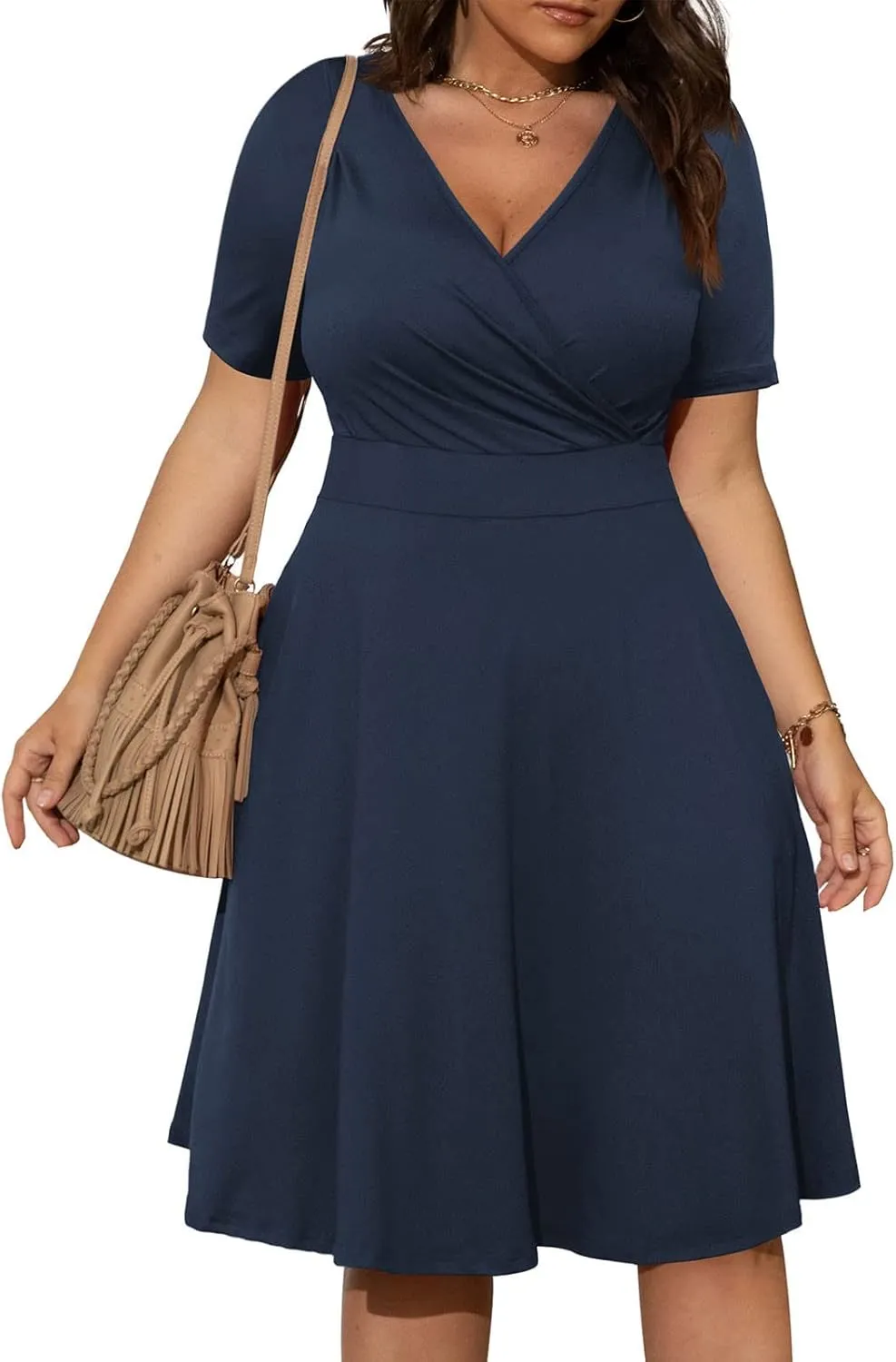 hlysgo Plus Size Dresses for Women Casual Slim Fit Wrap V Neck Short Sleeve Mini Dress Ladies A-Line Flowy Knee Length Dress