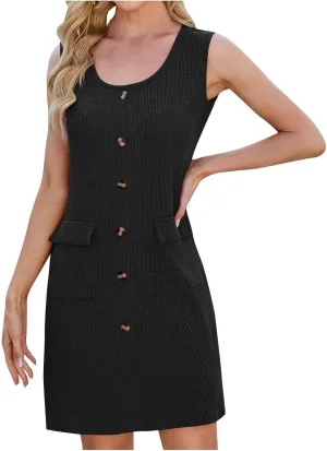 hlysgo Waffled Dress for Women 2025 Summer Sleeveless Scoop Neck Mini Dresses Casual Slim Fit Short Sundress with Pockets