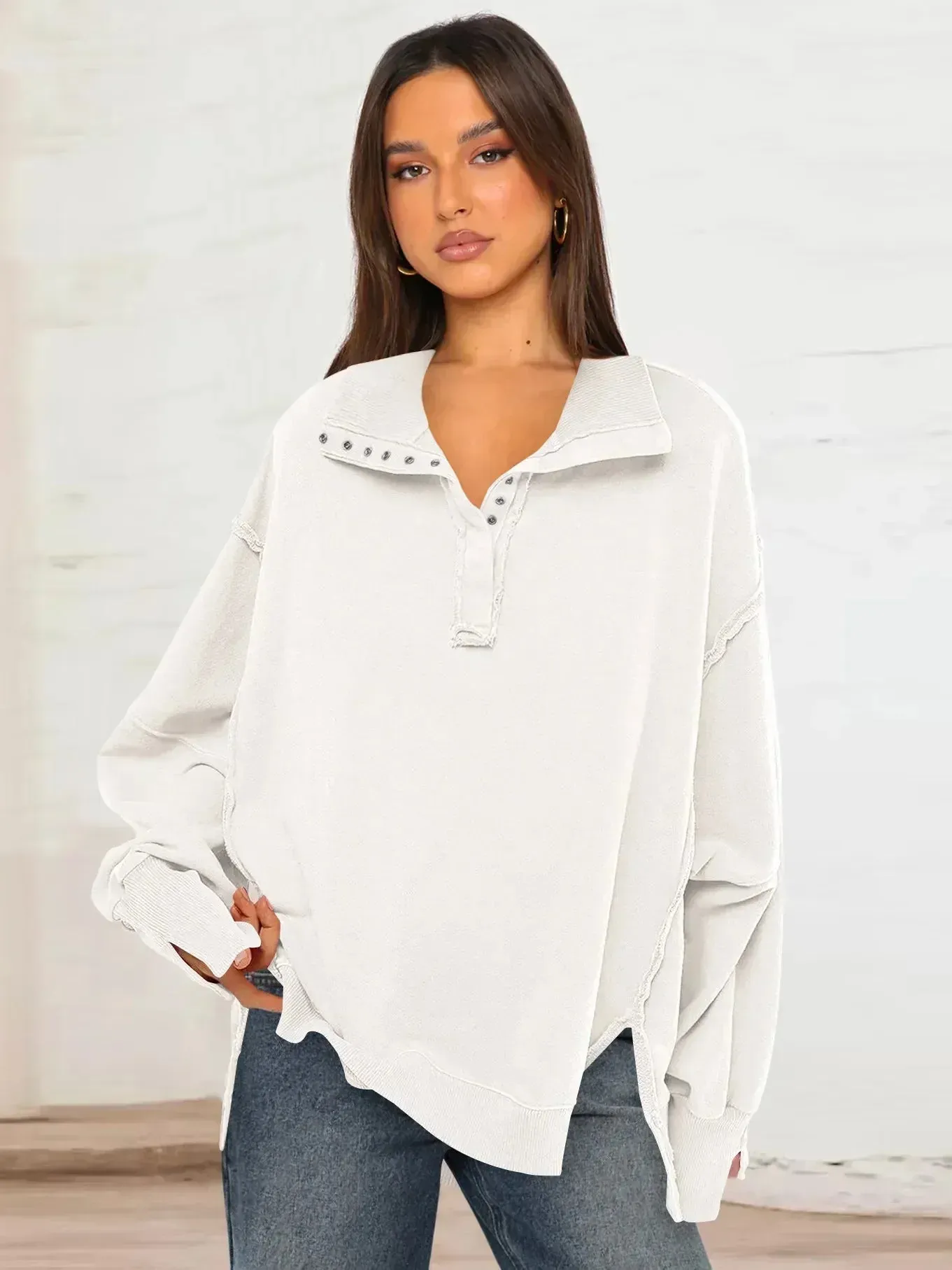Ivyshape | Casual Sweatshirt with Lapel Collar with Buttons and Lantern Sleeves