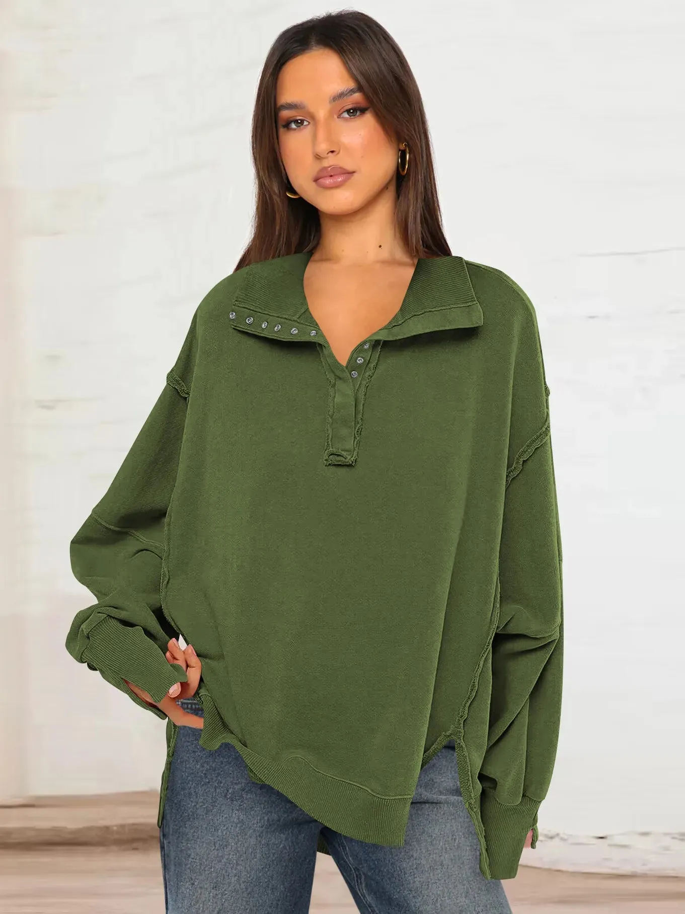 Ivyshape | Casual Sweatshirt with Lapel Collar with Buttons and Lantern Sleeves