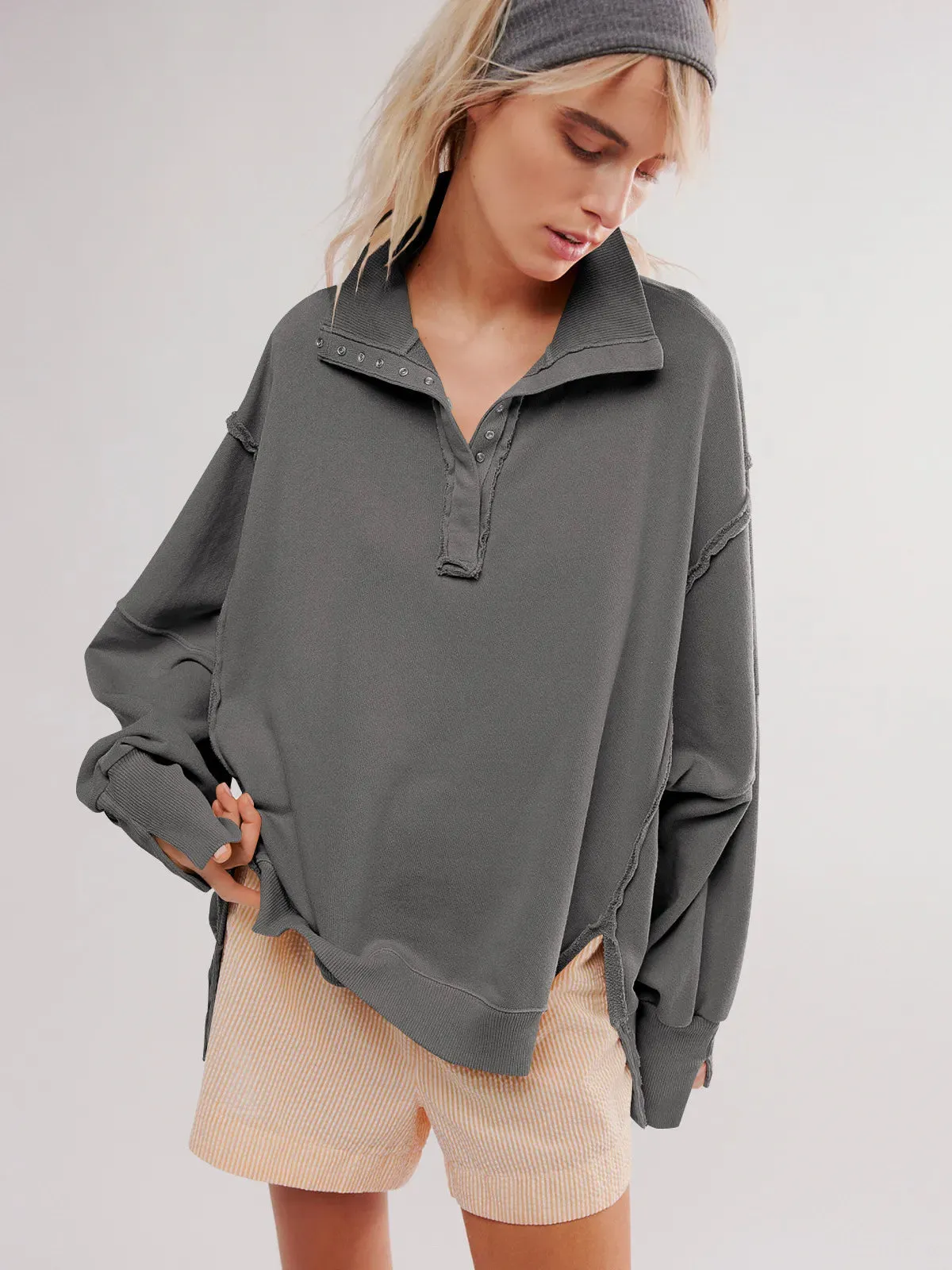 Ivyshape | Casual Sweatshirt with Lapel Collar with Buttons and Lantern Sleeves
