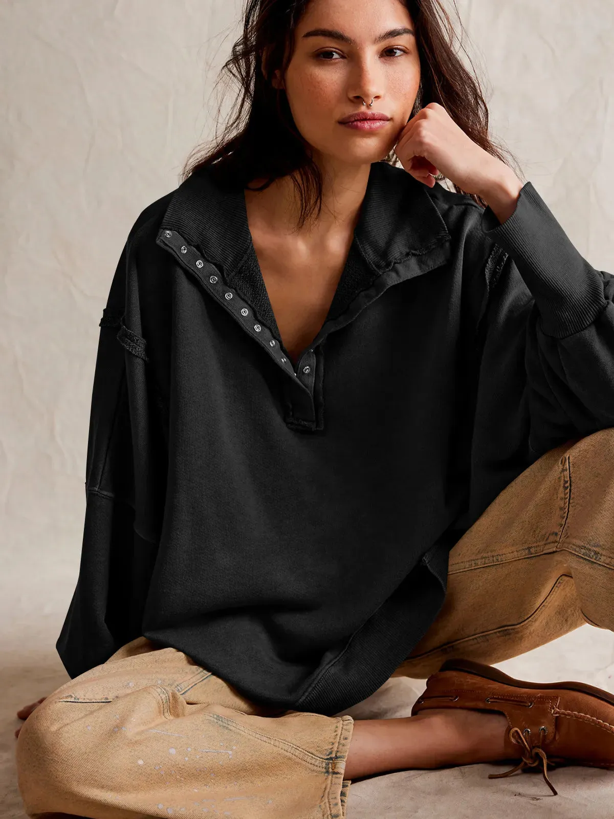 Ivyshape | Casual Sweatshirt with Lapel Collar with Buttons and Lantern Sleeves