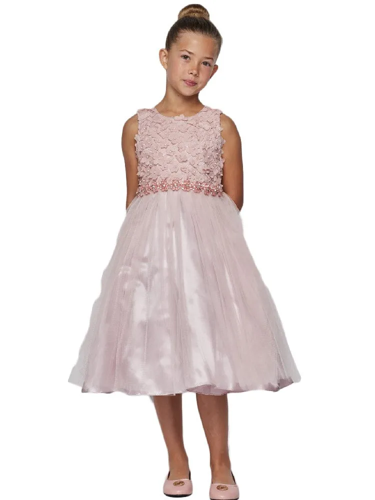 Little Girls Dusty Pink Pearl 3D Floral Accents Tulle Flower Girl Dress 2-6